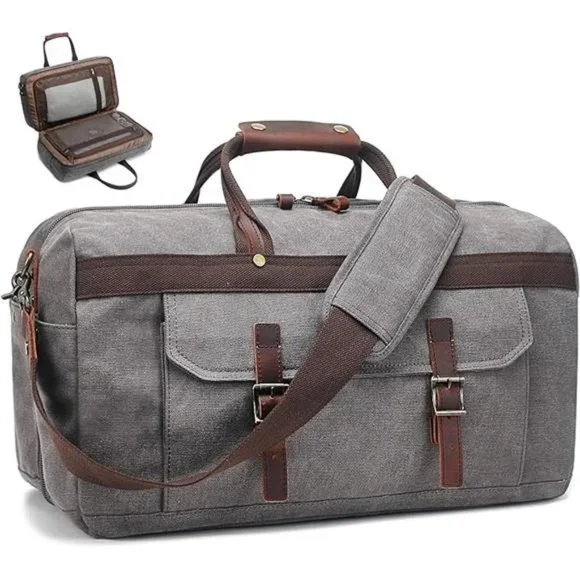 Duffle Bag for Men Waterproof Genuine Leather Canvas Travel Duffel Bags, Grey